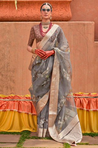 Sober Grey Color Organza Silk Fabric Saree With Printed Work - women's fashion mart