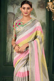 Amazing Multi Color Linen Fabric Zari Chex Pattern Saree With Floral Print Blouse - women's fashion mart