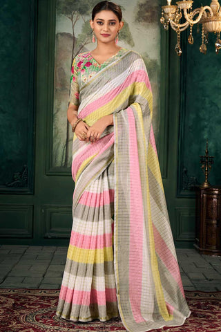 Amazing Multi Color Linen Fabric Zari Chex Pattern Saree With Floral Print Blouse - women's fashion mart