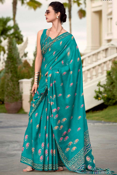 Amazing Teal Color Art Silk Fabric Saree In Casual Wear - women's fashion mart