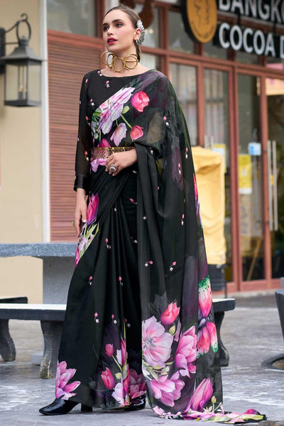 Beatific Floral Printed Saree In Black Georgette Fabric - women's fashion mart