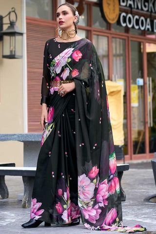 Beatific Floral Printed Saree In Black Georgette Fabric - women's fashion mart
