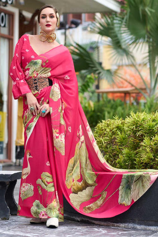 Fabulous Floral Printed Saree in Pink Georgette Fabric - women's fashion mart