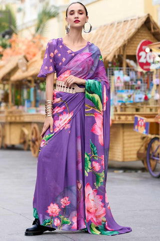 Captivating Purple Floral Printed Saree In Georgette Fabric - women's fashion mart