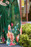 Gorgeous Look Floral Printed Saree In Dark Green Georgette Fabric - women's fashion mart