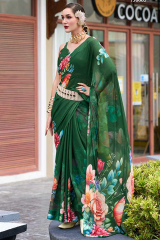 Gorgeous Look Floral Printed Saree In Dark Green Georgette Fabric - women's fashion mart