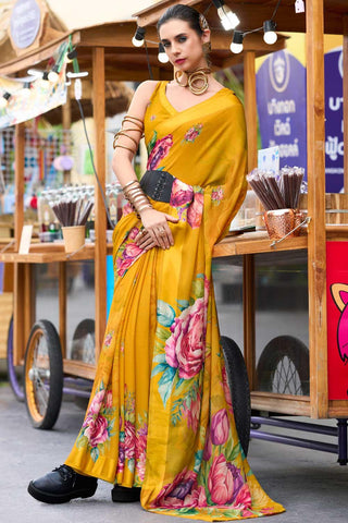 Yellow Floral Printed Saree with Ethereal Georgette Fabric - women's fashion mart