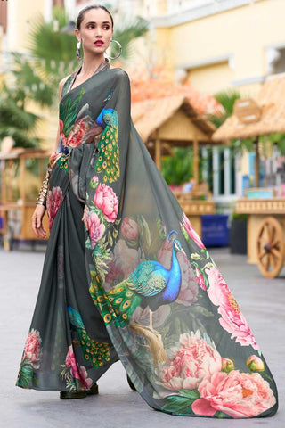 Glamorous Georgette Fabric Floral Printed Saree in Grey Color - women's fashion mart
