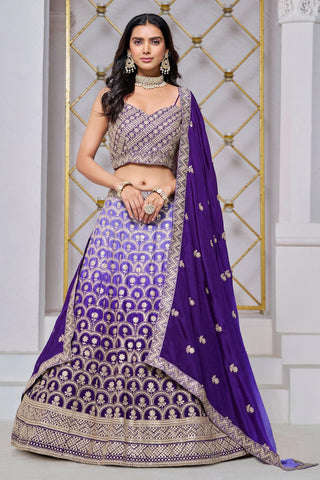 Elegance Dark Purple Chinon Sangeet Wear Lehenga Choli - women's fashion mart