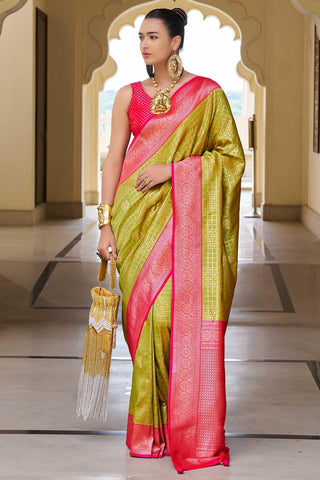 Tempting Olive Color Banarasi Silk Saree With Weaving Work - women's fashion mart
