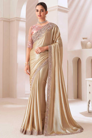 Tempting Chiffon Fabric Beige Color Saree With Border Work - women's fashion mart