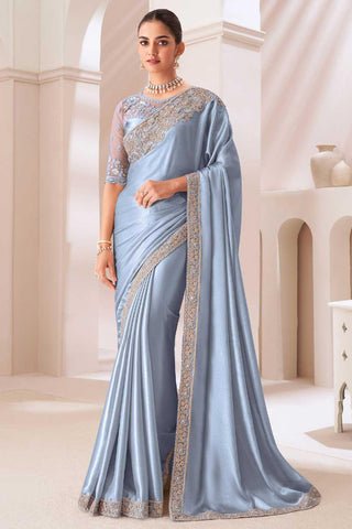 Beguiling Border Work On Sky Blue Color Chiffon Fabric Saree - women's fashion mart