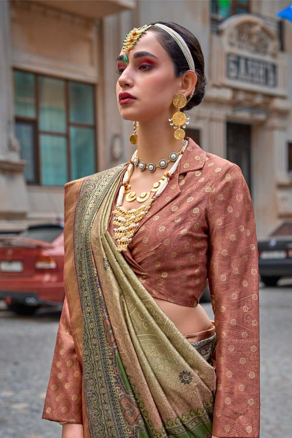 Beguiling Olive Color Viscose Fabric Printed Saree - women's fashion mart