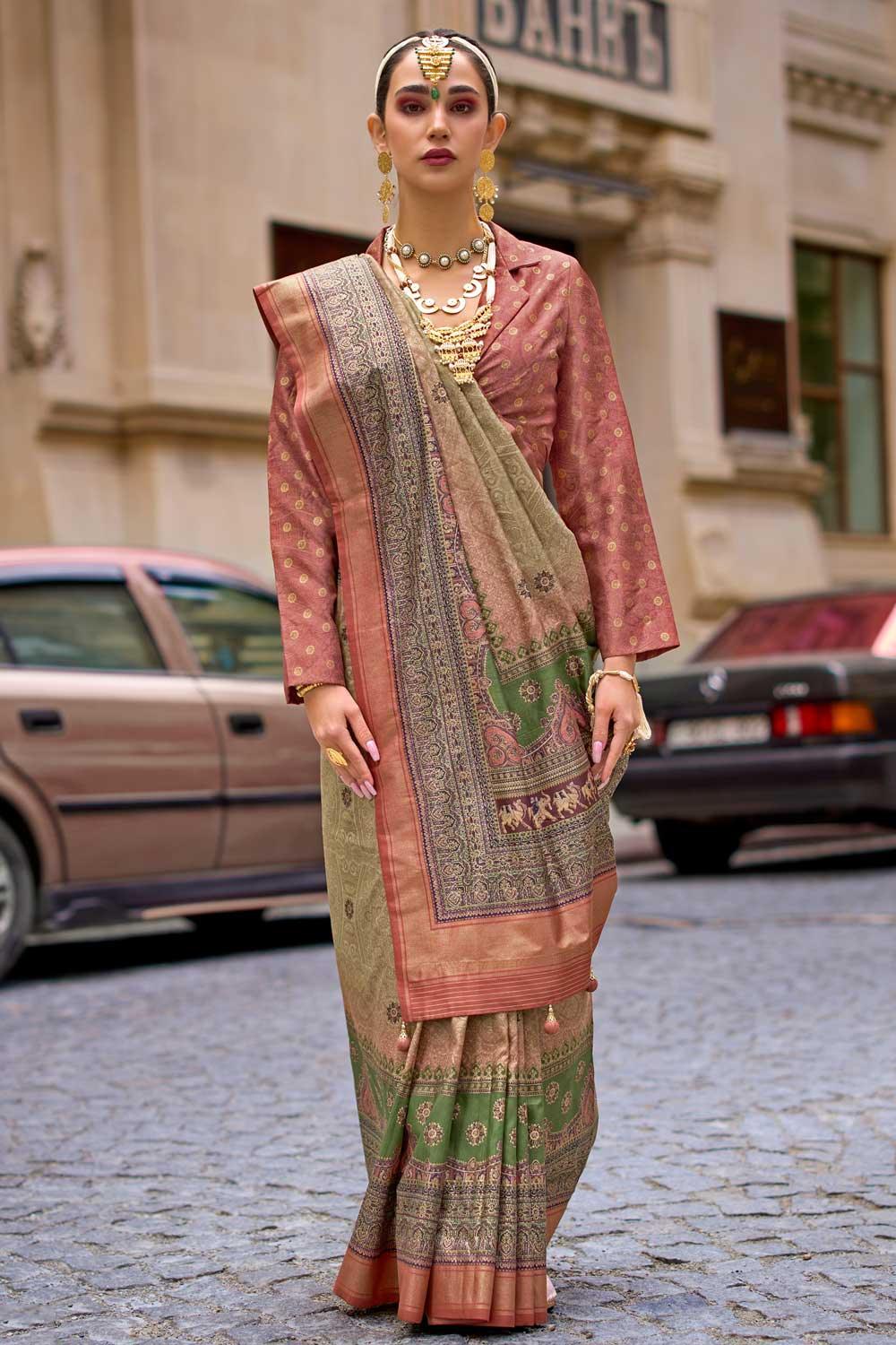 Beguiling Olive Color Viscose Fabric Printed Saree - women's fashion mart