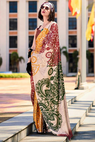 Creative Printed Work On Multi Color Satin Fabric Saree - women's fashion mart