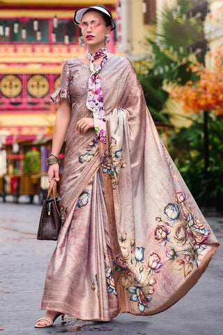 Excellent Satin Fabric Beige Color Saree With Printed Work - women's fashion mart