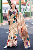 Beguiling Printed Work On Cream Color Satin Fabric Saree - women's fashion mart