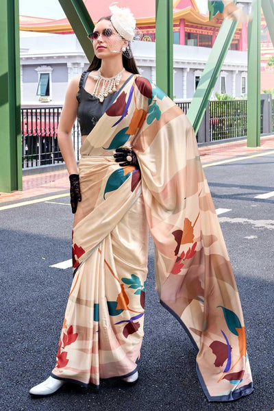 Beguiling Printed Work On Cream Color Satin Fabric Saree - women's fashion mart