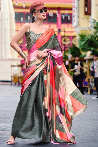 Incredible Printed Work On Satin Fabric Olive Color Saree - women's fashion mart