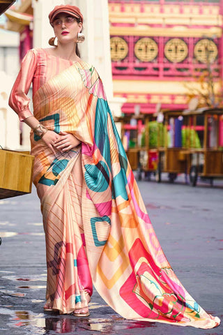 Tempting Satin Fabric Multi Color Saree With Printed Work - women's fashion mart