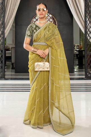 Yellow Color Lace Work Organza Saree For Function - women's fashion mart