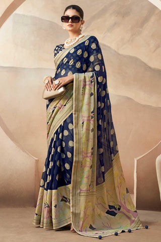 Mesmeric Navy Blue Color Printed Work On Saree In Georgette Fabric - women's fashion mart