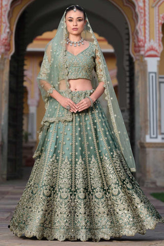 Embroidered Net Fabric Ravishing Lehenga In Sea Green Color - women's fashion mart
