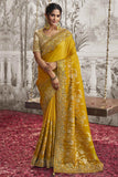 Appealing Heavy Embroidery Work Fancy Fabric Yellow Saree With Party Look Blouse.