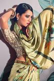 Embellished Green Color Digital Printed Satin Fabric Saree.
