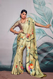 Embellished Green Color Digital Printed Satin Fabric Saree.