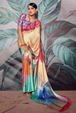 Ingenious Digital Printed Cream Color Satin Fabric Saree.