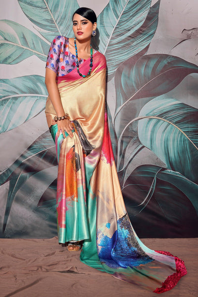 Ingenious Digital Printed Cream Color Satin Fabric Saree.