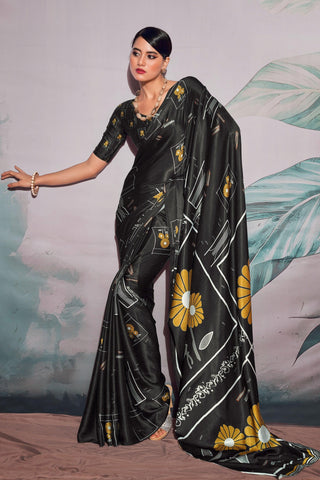 Glamorous Black Color Digital Printed Satin Fabric Saree.