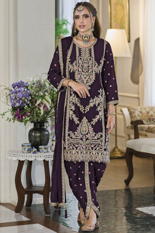 Stunning Purple Color Chinon Fabric Readymade Panjabi Style Salwar Suit.