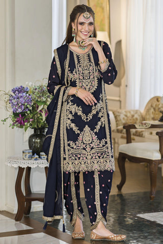 Radiant Navy Blue Color Chinon Fabric Readymade Panjabi Style Salwar Suit.