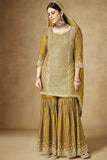 Mustard Color Chinon Fabric Embellished Embroidered Palazzo Suit.