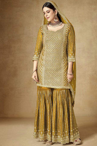 Mustard Color Chinon Fabric Embellished Embroidered Palazzo Suit.
