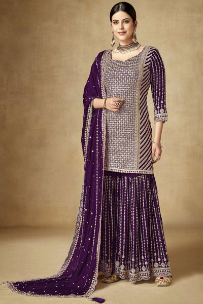Chinon Fabric Purple Color Elegant Embroidered Palazzo Suit.