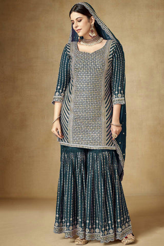 Teal Color Chinon Fabric Ravishing Embroidered Palazzo Suit.