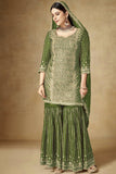 Green Color Chinon Fabric Enticing Embroidered Palazzo Suit.
