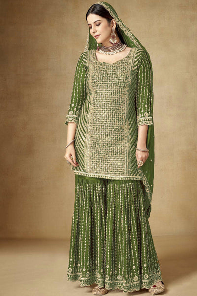 Green Color Chinon Fabric Enticing Embroidered Palazzo Suit.