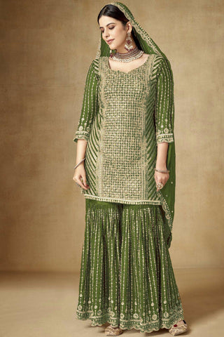 Green Color Chinon Fabric Enticing Embroidered Palazzo Suit.