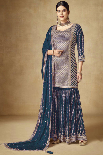 Chinon Fabric Navy Blue Color Fantastic Embroidered Palazzo Suit.