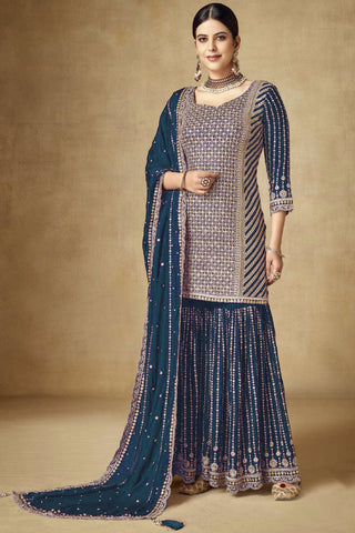 Chinon Fabric Navy Blue Color Fantastic Embroidered Palazzo Suit.
