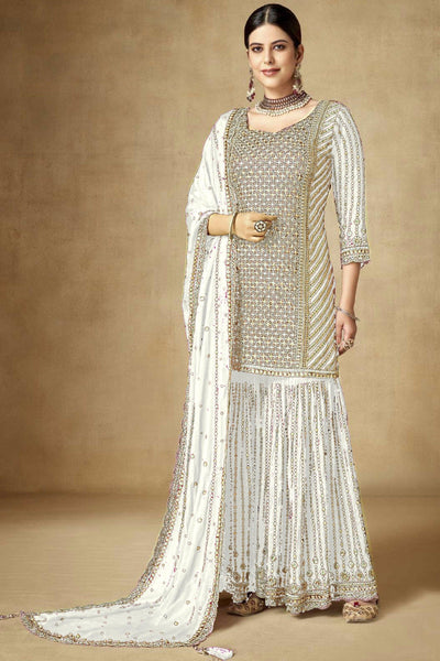 Chinon Fabric White Color Graceful Embroidered Palazzo Suit.