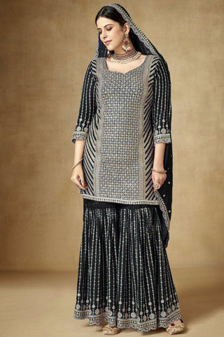 Black Color Chinon Fabric Gorgeous Embroidered Palazzo Suit.