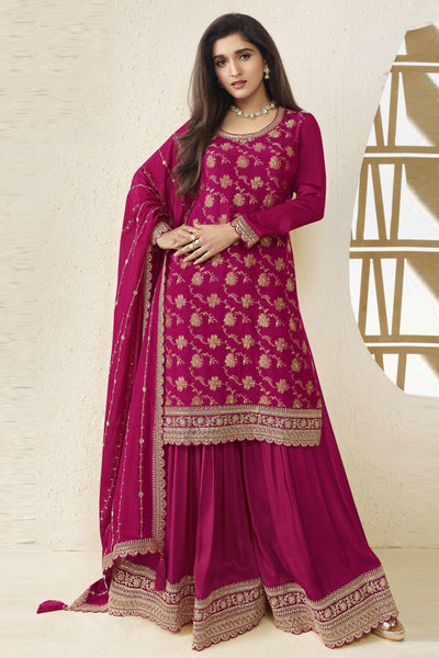 Nidhi shah Viscose Fabric Rani Color Elegant Jacquard Weaving Palazzo Suit.