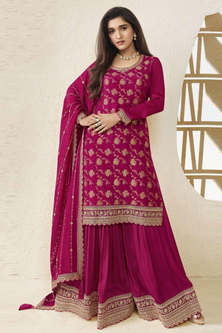 Nidhi shah Viscose Fabric Rani Color Elegant Jacquard Weaving Palazzo Suit.