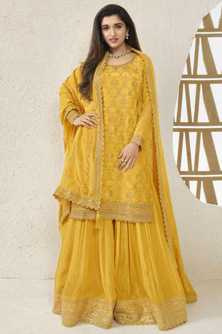 Nidhi shah Yellow Color Viscose Fabric Ravishing Jacquard Weaving Palazzo Suit.