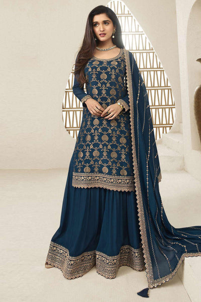 Nidhi shah Teal Color Viscose Fabric Enticing Jacquard Weaving Palazzo Suit.